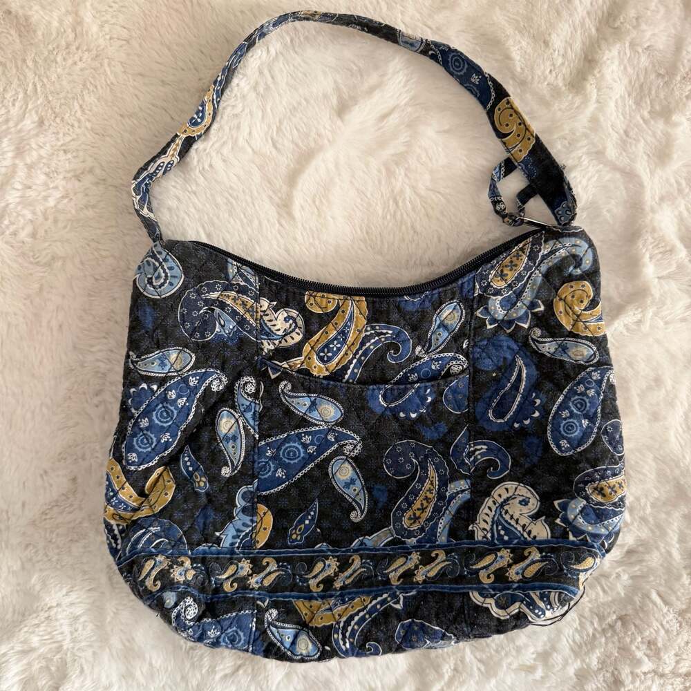 Navy Blue Paisley Quilted Short Shoulder Bag Purse